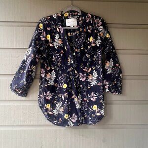 Amour Vert Navy 100% Silk Blue Floral Tunic/Blouse Size XS